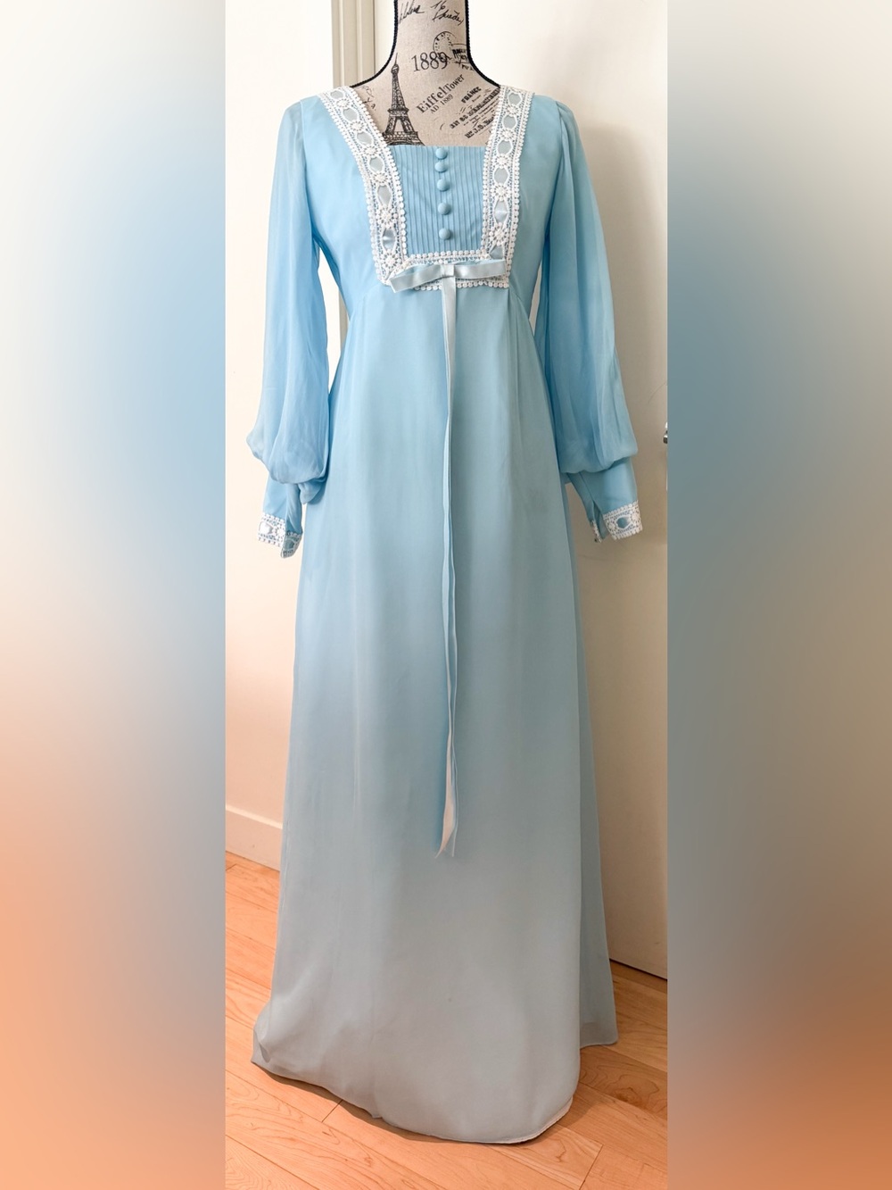 1970s vintage baby blue chiffon gown